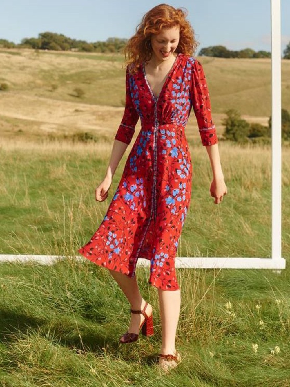 Saloni Silk Midi Dress Floral V-Neck Red/Blue Classic Feminine Elegant SZ Small